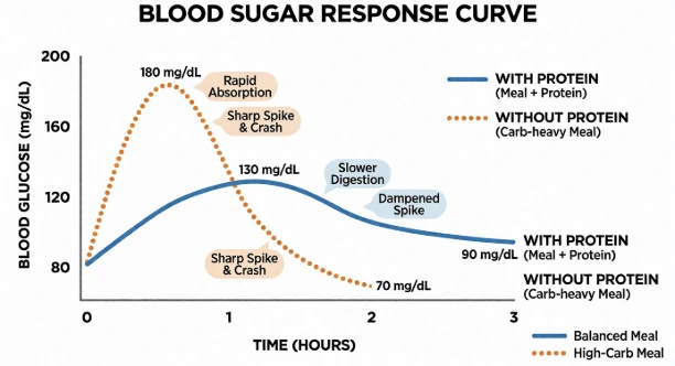 Infographic showing blood sugar response curve with and without protein