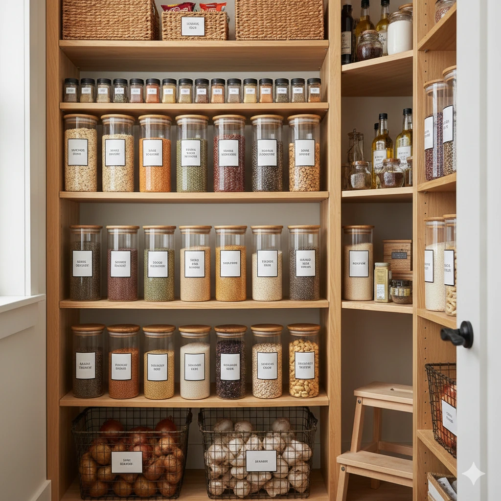 Well-organized pantry with labeled containers